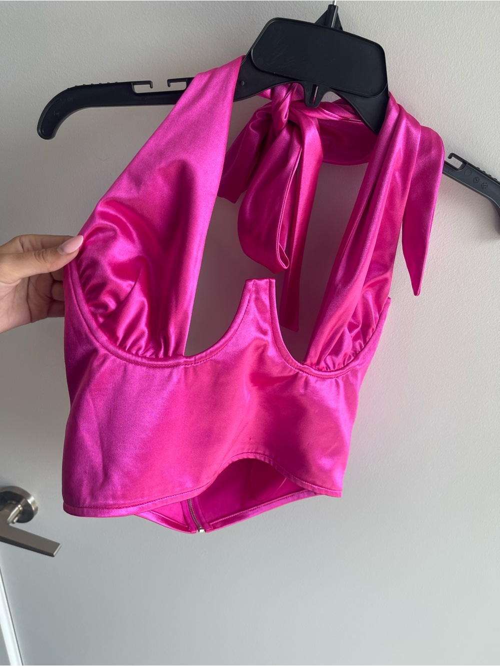 Akira Pink Satin Halter Crop Top - Picture 2 of 5